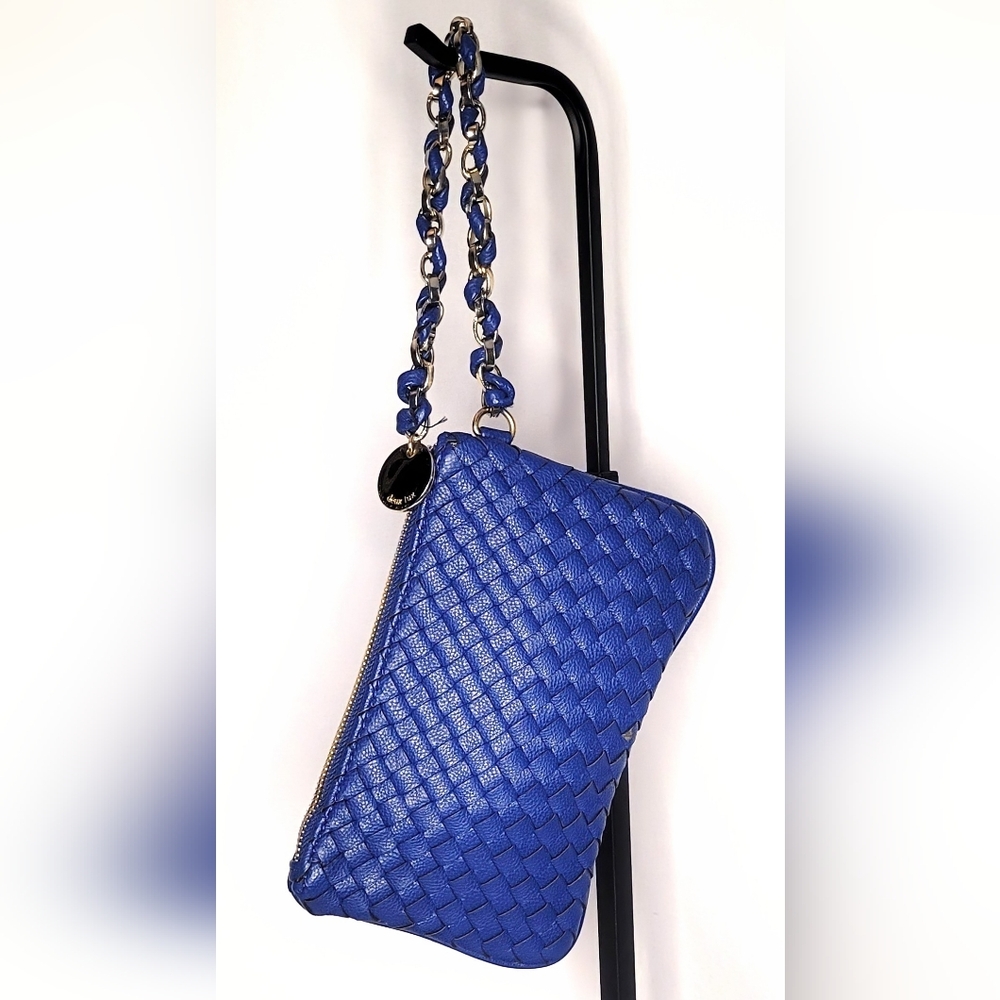 Deux Lux Blue Woven Leather Chain Shoulder Bag Zip Top
